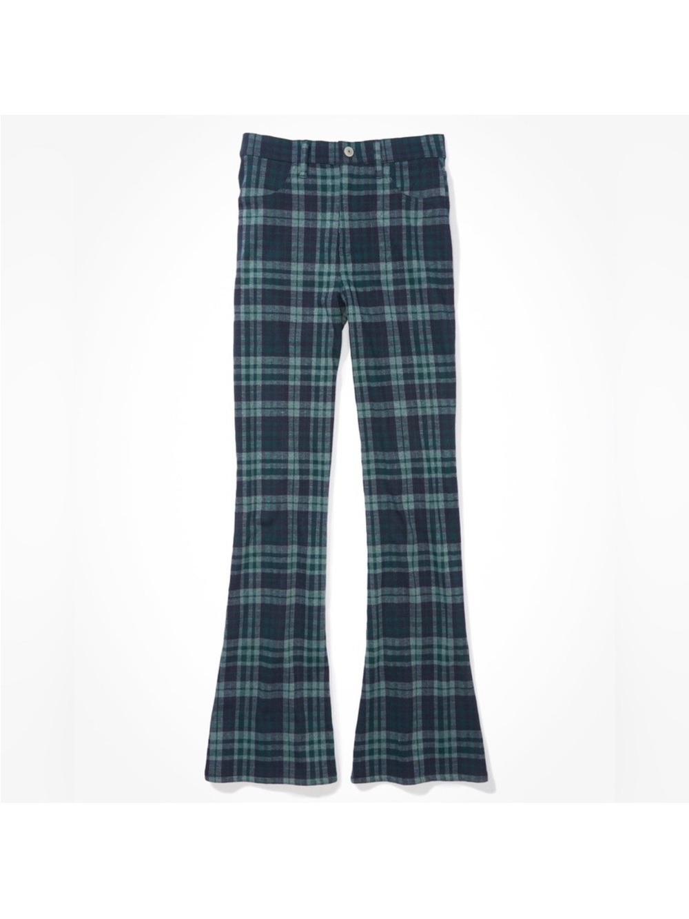 American Eagle Outfitters Navy and Green Plaid Flare Pants Super High Rise NWT